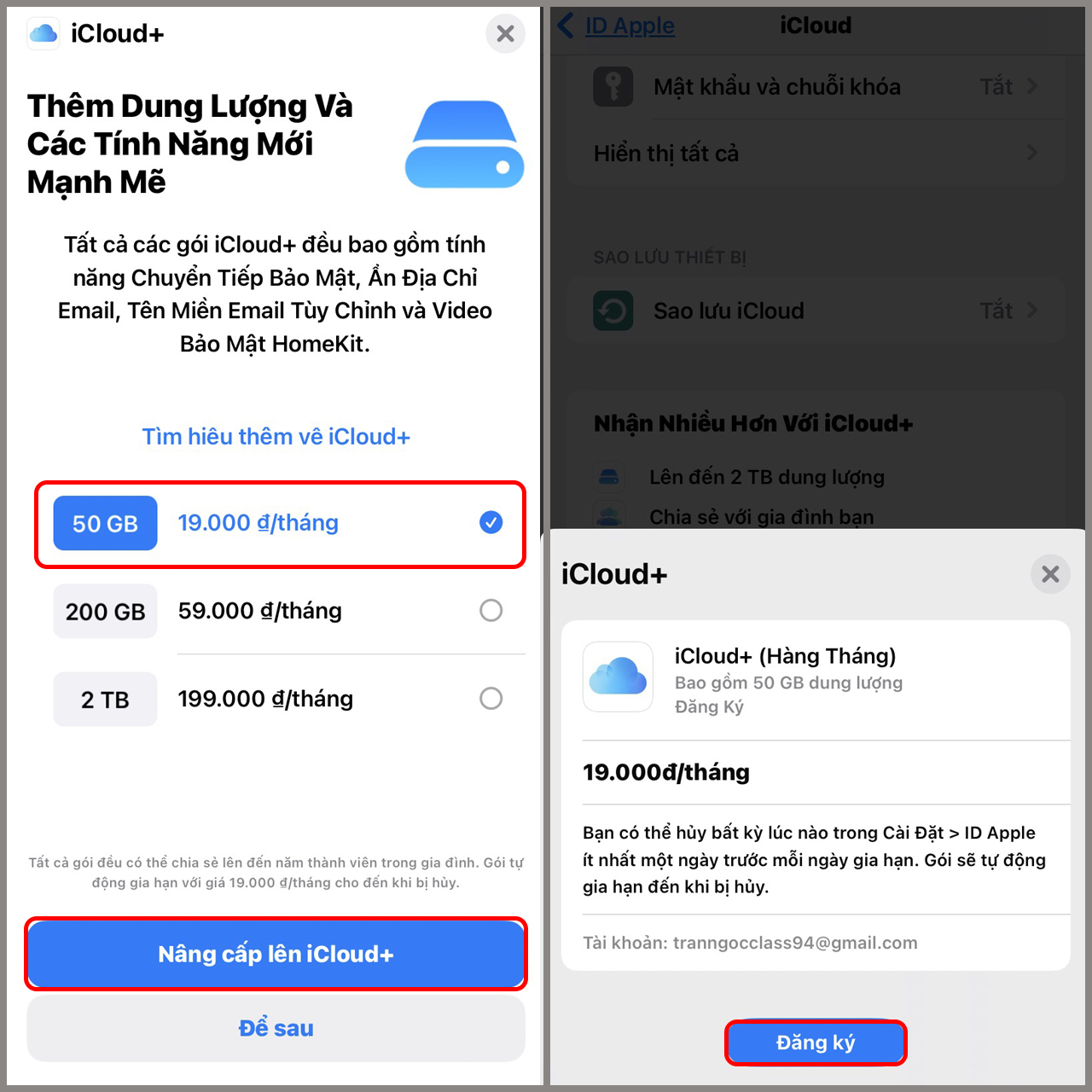 Bước 2: Lựa chọn gói iCloud+ phù hợp => nhấn vào Nâng cấp lên iCloud+ => xác nhận Đăng ký và thực hiện thanh toán 